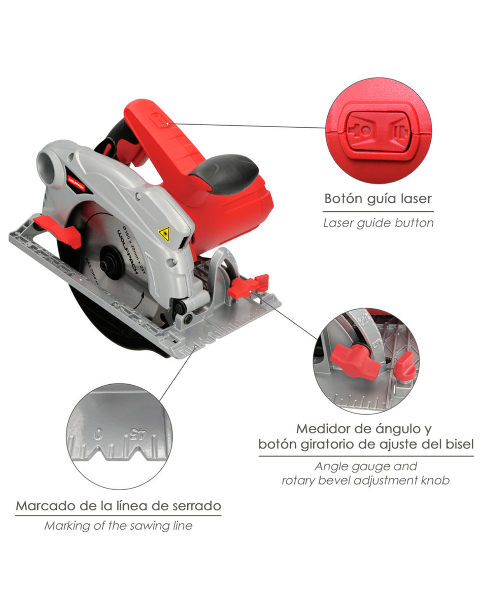 Serra Circular 1500w/185mm c/laser Wolfpack